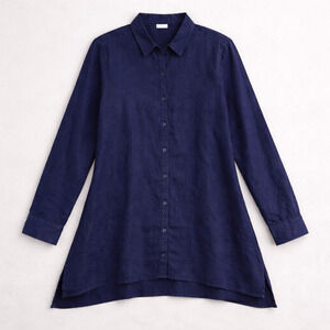 Eileen Fisher Irish Linen Button Up Tunic Navy Size M Summer Lightweight USA